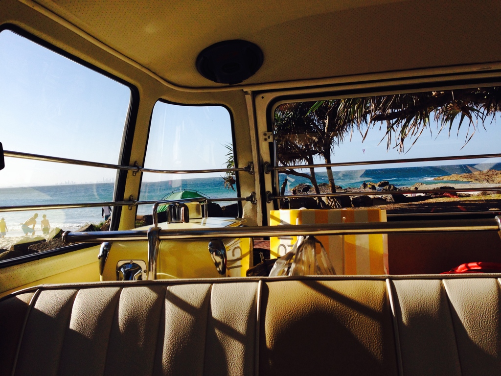 Beach shot with a view out of the VW kombi