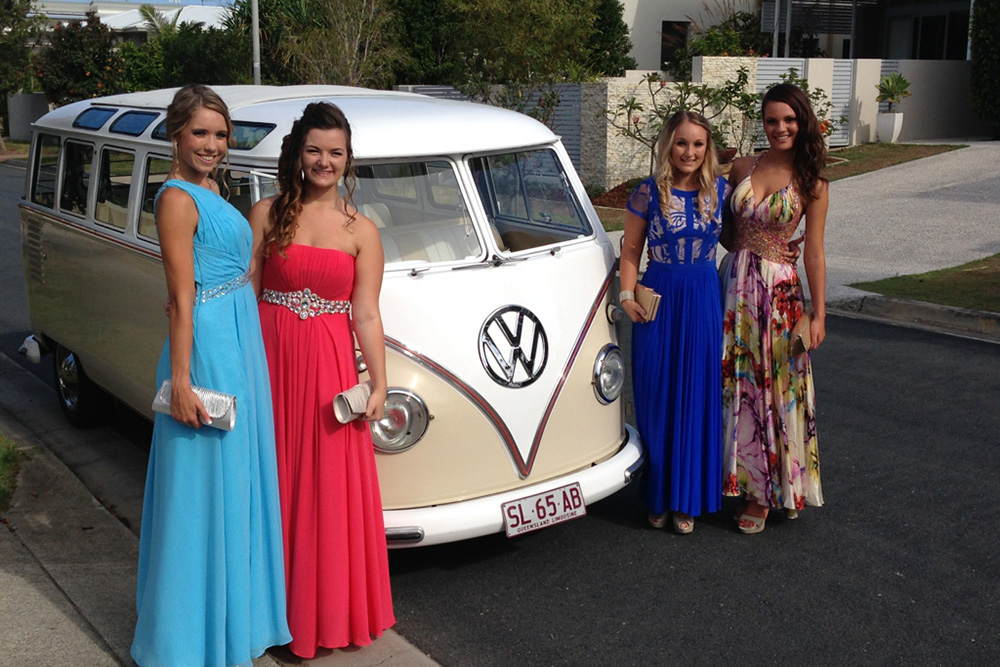 Posing with Lola the VW Kombi formal hire car on the gold coast