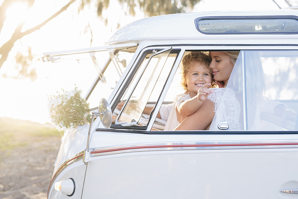 Bride and daughter in the kombi on the Gold Coast 